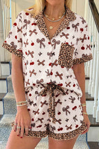 White Chic Bow Cherry Printed Leopard Contrast Patchwork Shirt Drawstring Shorts 2pcs PJ Set