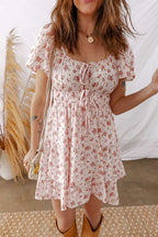Pink Front Tie Shirred Waist Short Sleeve Ruffled Floral Mini Dress