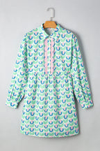 Green Floral Print Notched Neck Scalloped Detail Long Sleeve Mini Dress