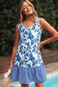 Sky Blue Floral Print U Neck Sleeveless Striped Ruffle Hem Patchwork Dress