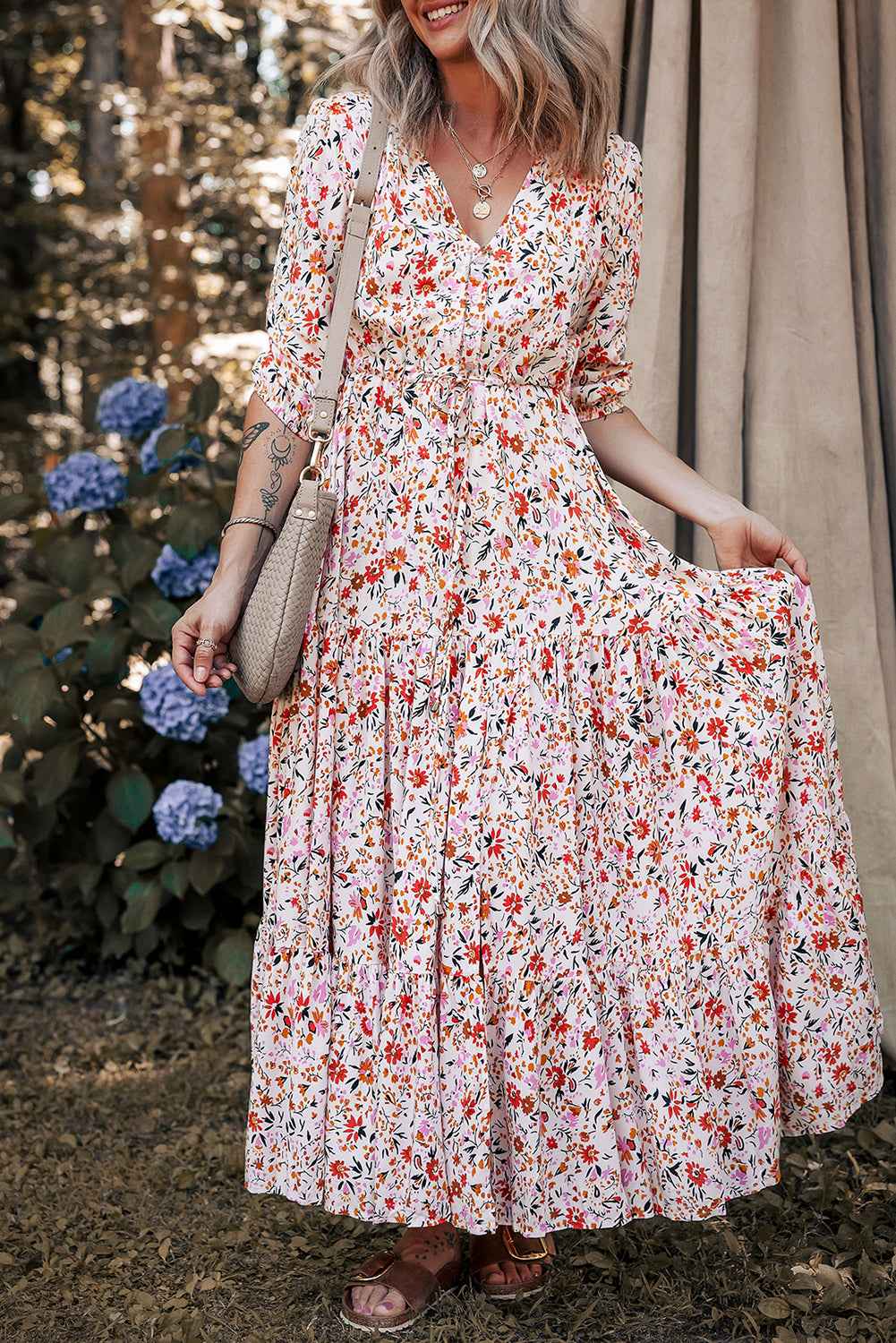 Red Boho Half Sleeve Floral V Neck Maxi Dress
