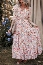 Red Boho Half Sleeve Floral V Neck Maxi Dress
