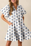 Sky Blue Floral Puff Sleeve Tied Neck Pocketed Mini Dress