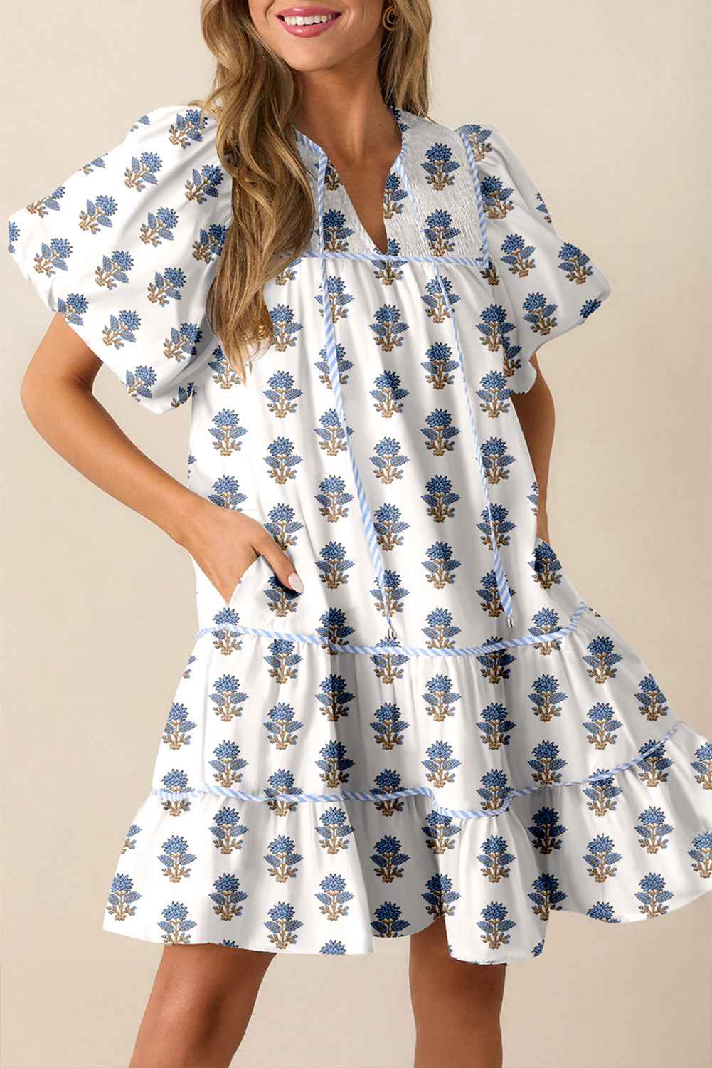 Sky Blue Floral Puff Sleeve Tied Neck Pocketed Mini Dress