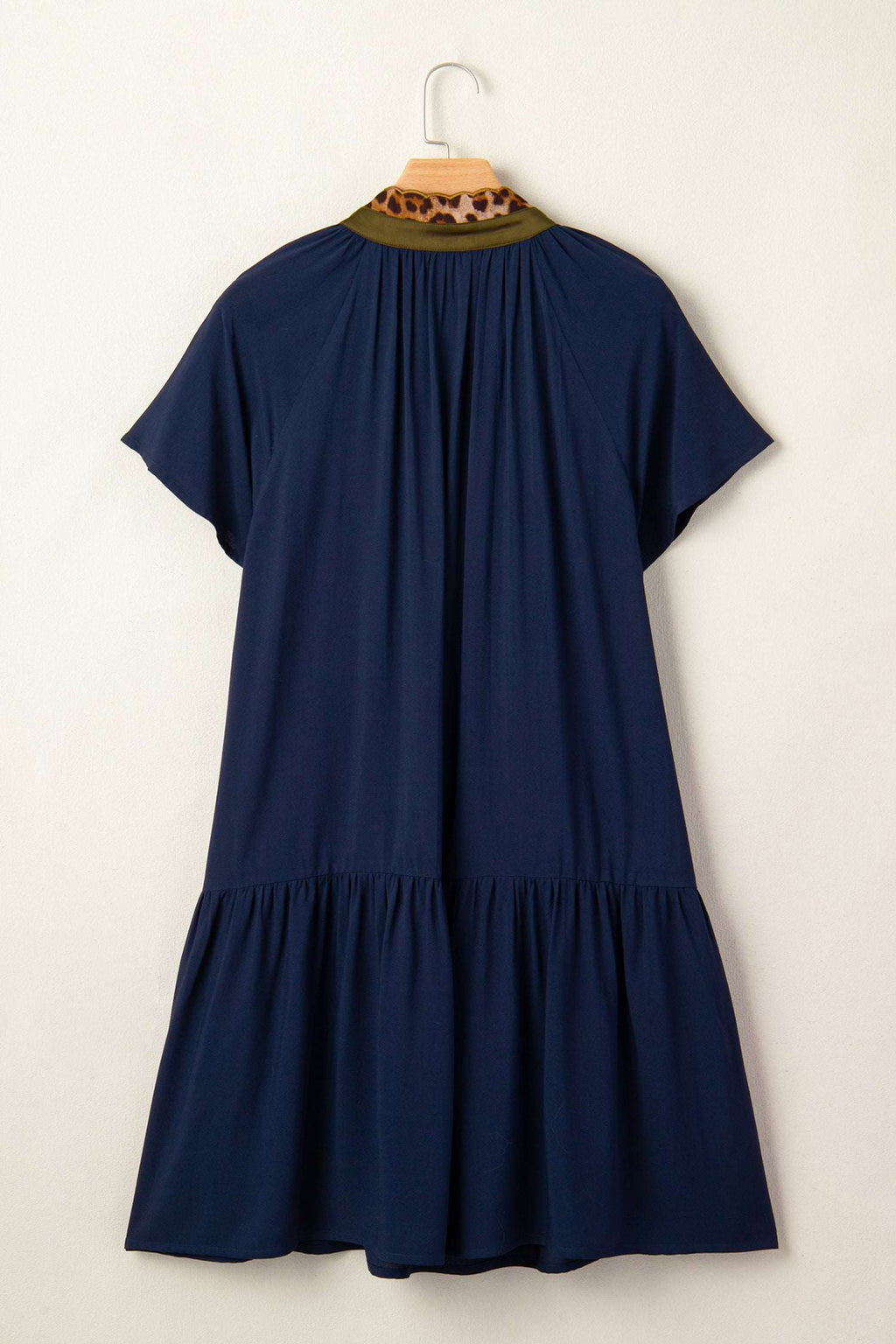 Navy Blue Button Detail Leopard Metallic Trim Short Sleeve Tunic Dress