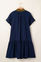 Navy Blue Button Detail Leopard Metallic Trim Short Sleeve Tunic Dress