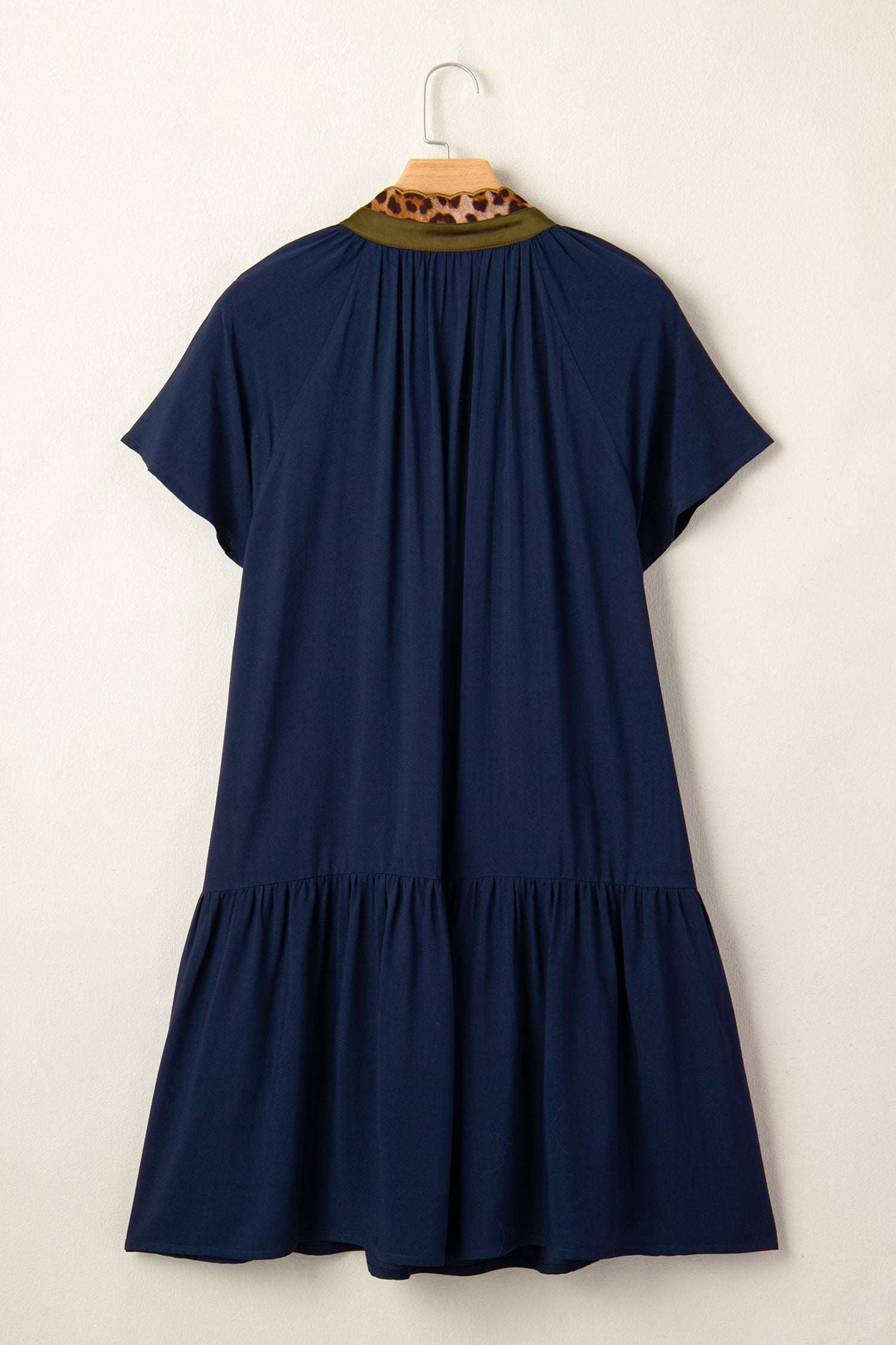 Navy Blue Button Detail Leopard Metallic Trim Short Sleeve Tunic Dress