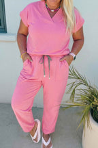 Mint Green Solid V-Neck Tee and Drawstring Plus Size Pants Set