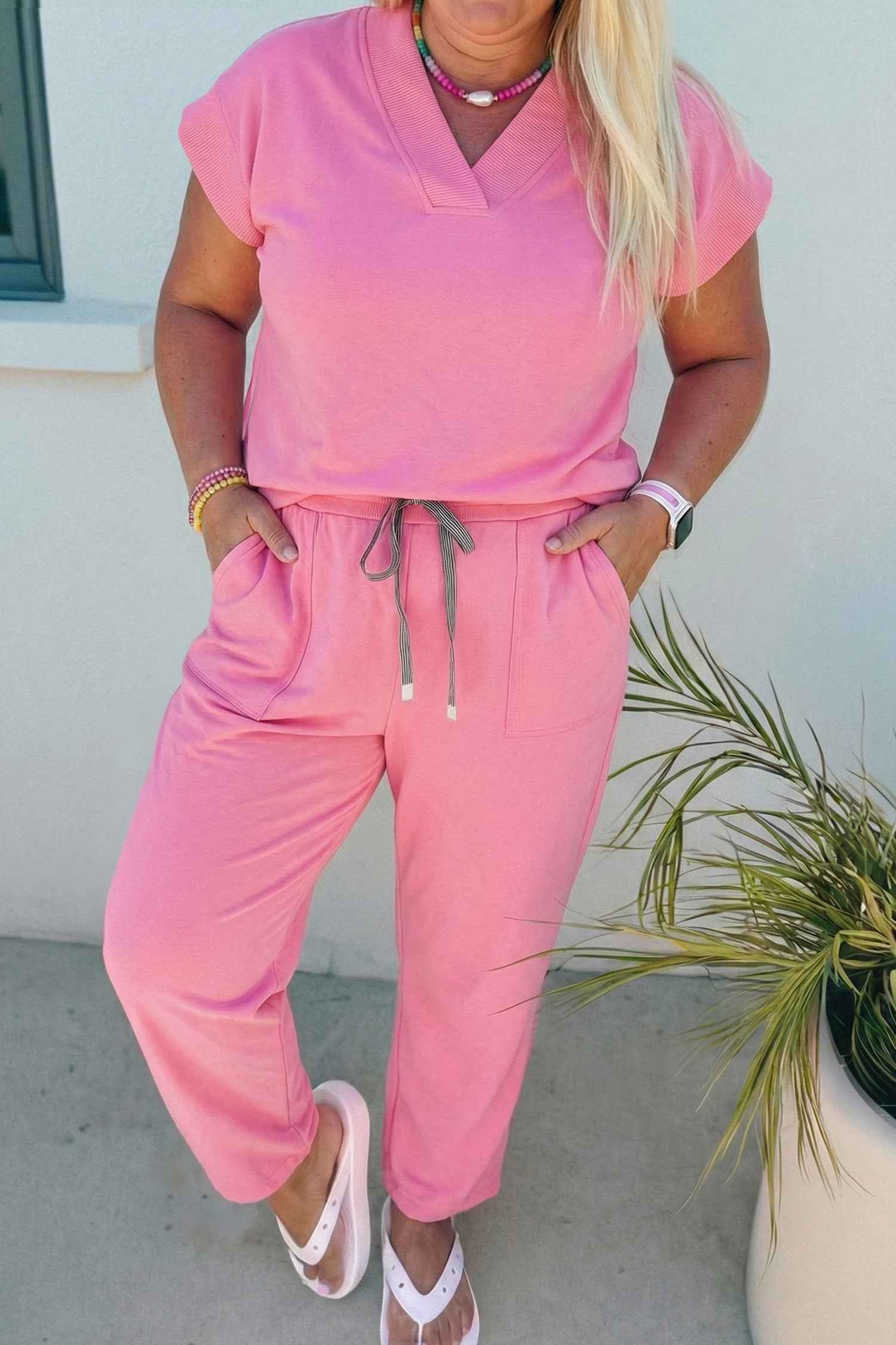 Mint Green Solid V-Neck Tee and Drawstring Plus Size Pants Set