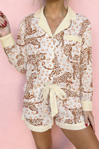 Yellow Leopard Print Colorblock Pocket Placket Long Sleeve Lounge Set