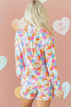 Pink Valentines Candy Heart V Neck Collared Tunic Shirt and Shorts 2pcs Pajama Set