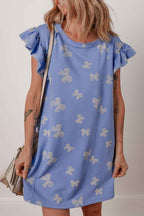Sky Blue Bow Knot Print Crewneck Ruffled Sleeve Shift Mini Dress