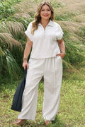 Light Grey Half Zip Polo Tee Loose Pants Plus Size 2pcs Outfit
