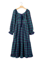 Green Vintage Plaid Square Neck Lace Trim Long Sleeve Shift Dress