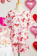 Red Romantic Bow Print Loose Tee Drawstring Shorts 2pcs Lounge Set