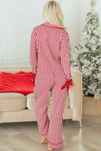 Red Stripe Contrast Velvet Trim Bow Knot Waist 2pcs Pajama Set