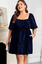 Navy Blue Velvet Ruched Bust Square Neck Short Puff Sleeve Plus Dress