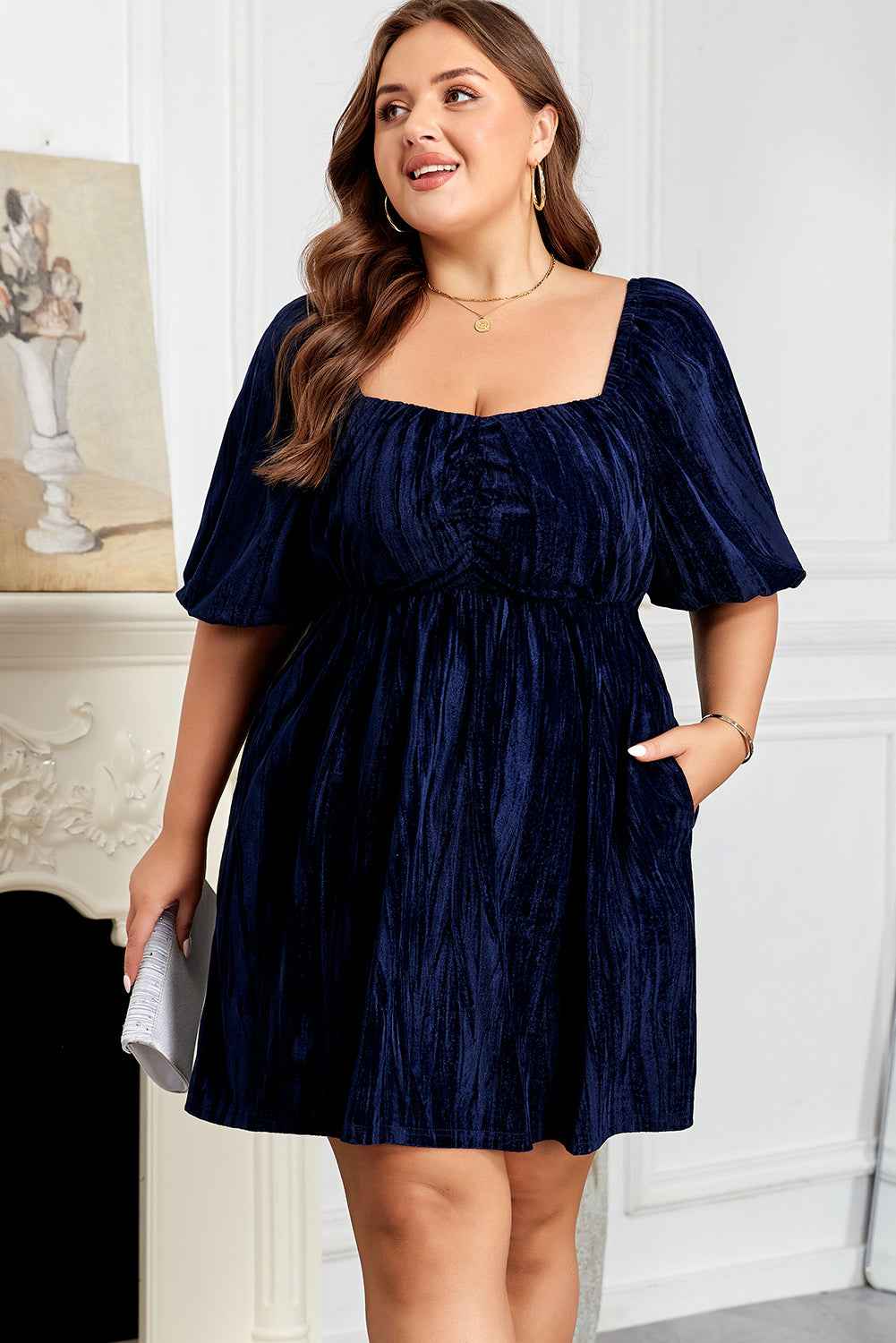 Navy Blue Velvet Ruched Bust Square Neck Short Puff Sleeve Plus Dress