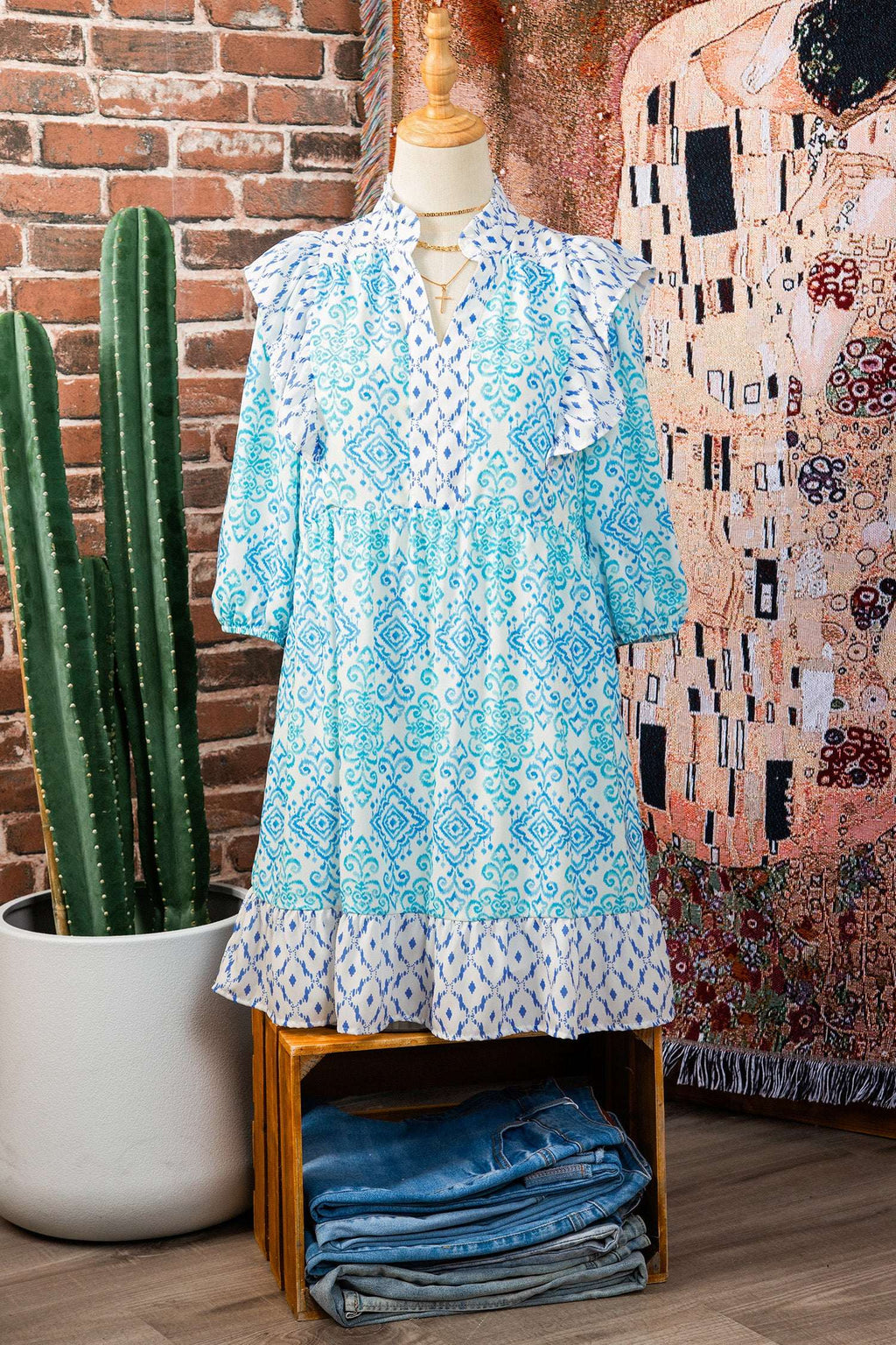 Sky Blue Boho Floral Geometric Patchwork Ruffle Detail Puff Sleeve Mini Dress