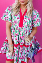 Pink Floral Print Contrast Trim V Neck Bubble Short Sleeve Babydoll Dress