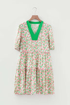 Green Contrast Neckline Ricrac Trim Floral Short Puff Sleeve Dress