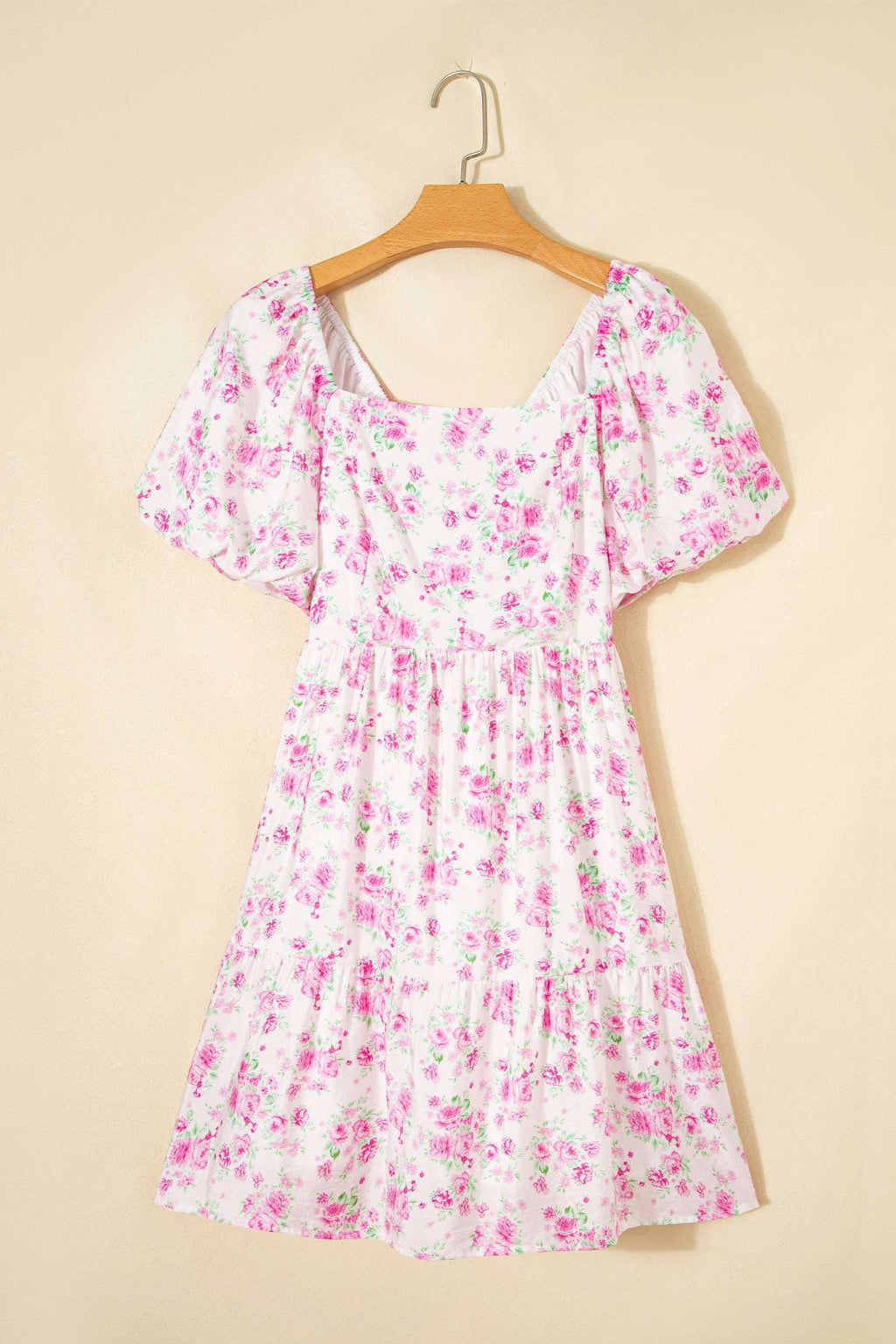 Pink Floral Print Square Neck Ribbon Knot Back Cute Mini Dress