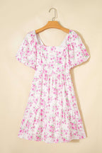 Pink Floral Print Square Neck Ribbon Knot Back Cute Mini Dress