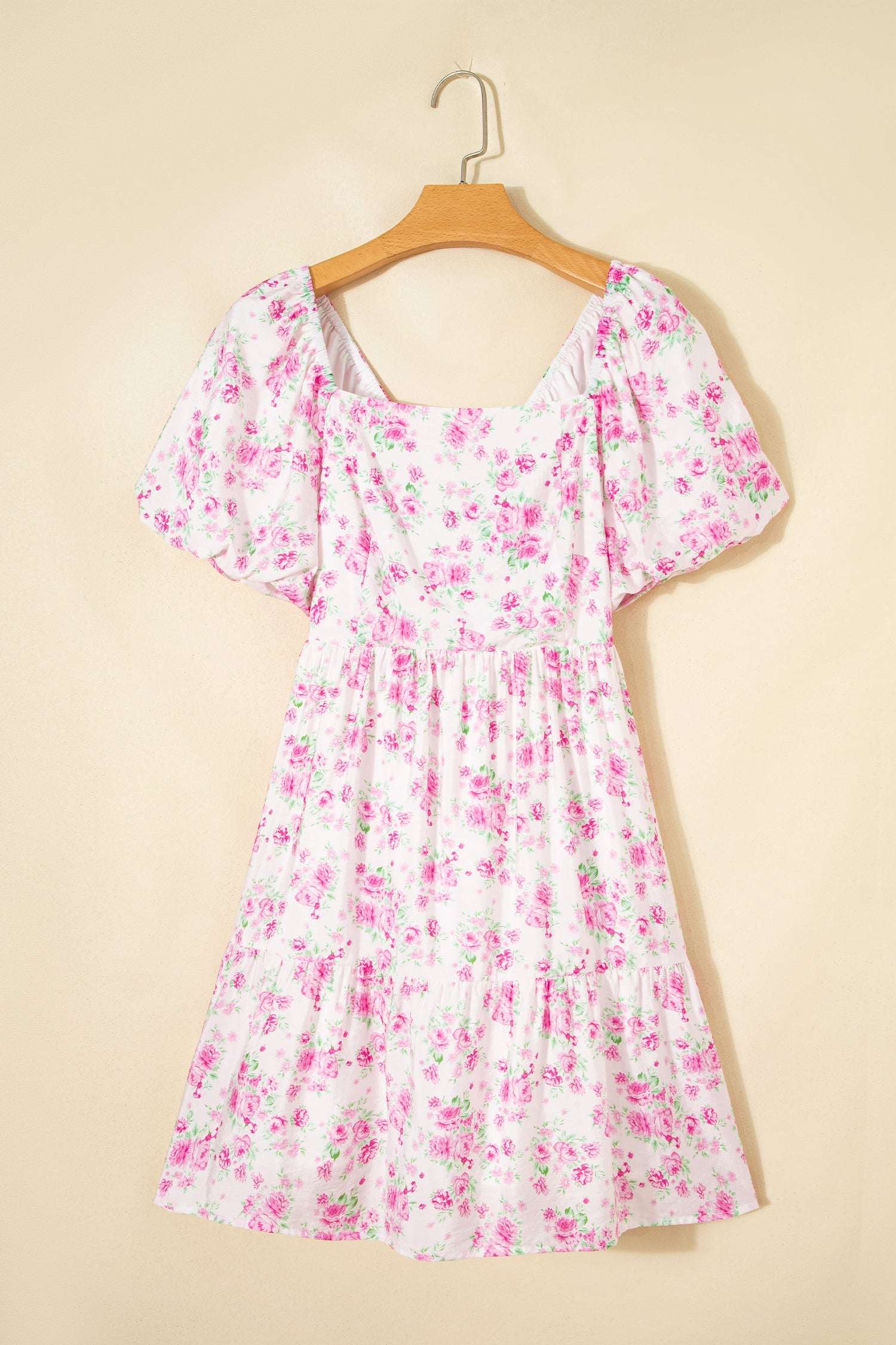 Pink Floral Print Square Neck Ribbon Knot Back Cute Mini Dress