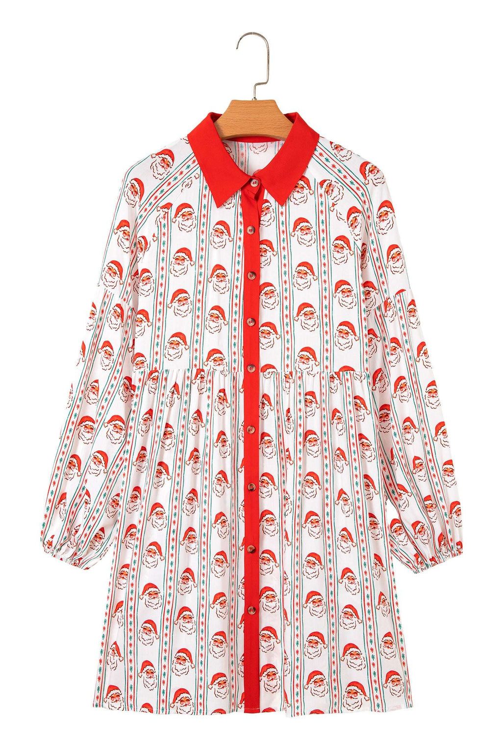 White Father Christmas Contrast Collar Button Front Long Sleeve A-line Mini Dress