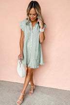 Green Stripe Frilled Sleeveless Collar Front Pocket Button Up Mini Dress