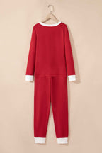 Fiery Red Contrast Trim Button V Neck Ribbon Bow Knot Waist 2pcs Lounge Pant Set