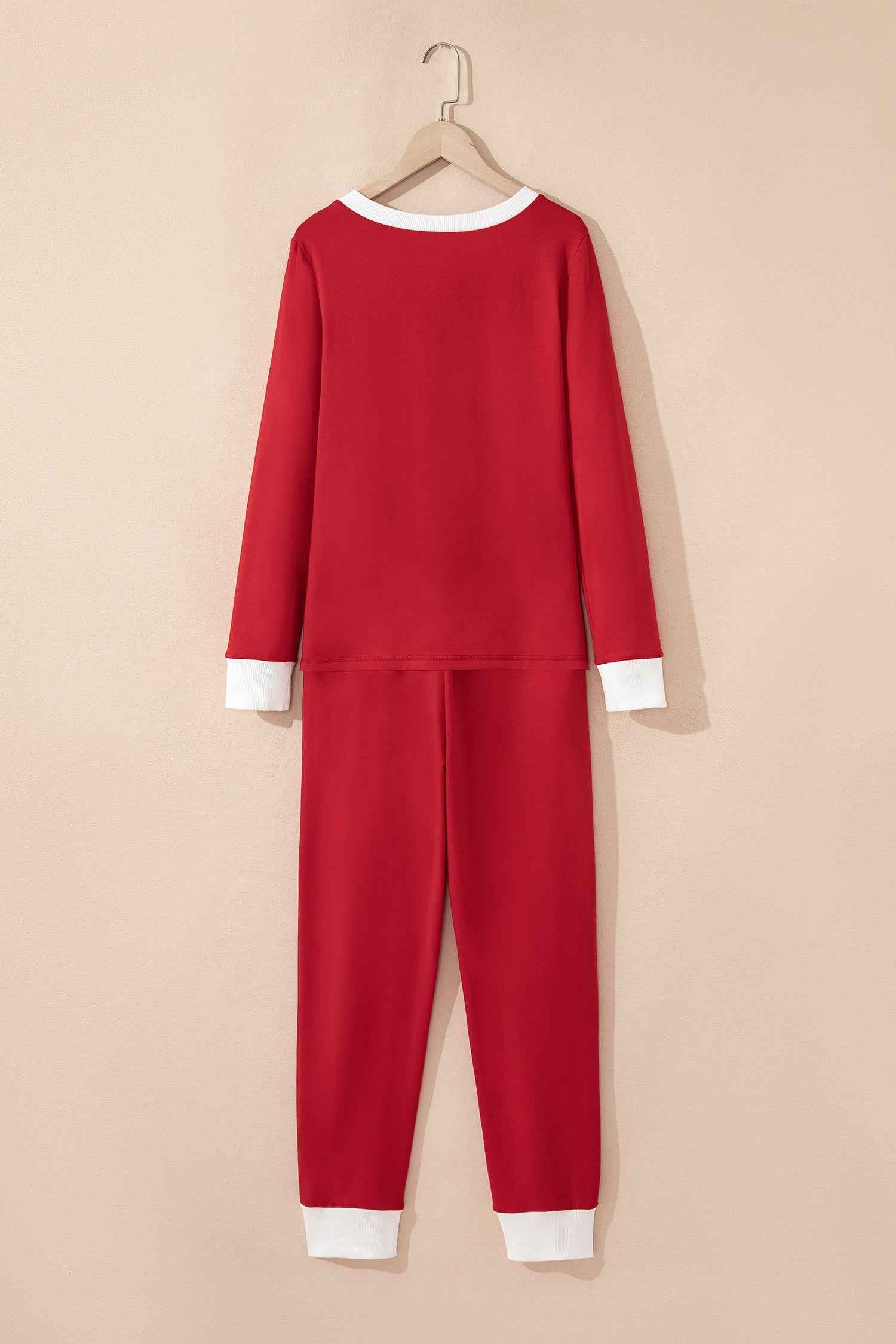 Fiery Red Contrast Trim Button V Neck Ribbon Bow Knot Waist 2pcs Lounge Pant Set
