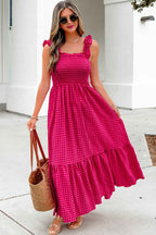 Red Plaid Square Neck Fit-and-flared Vacation Sundress