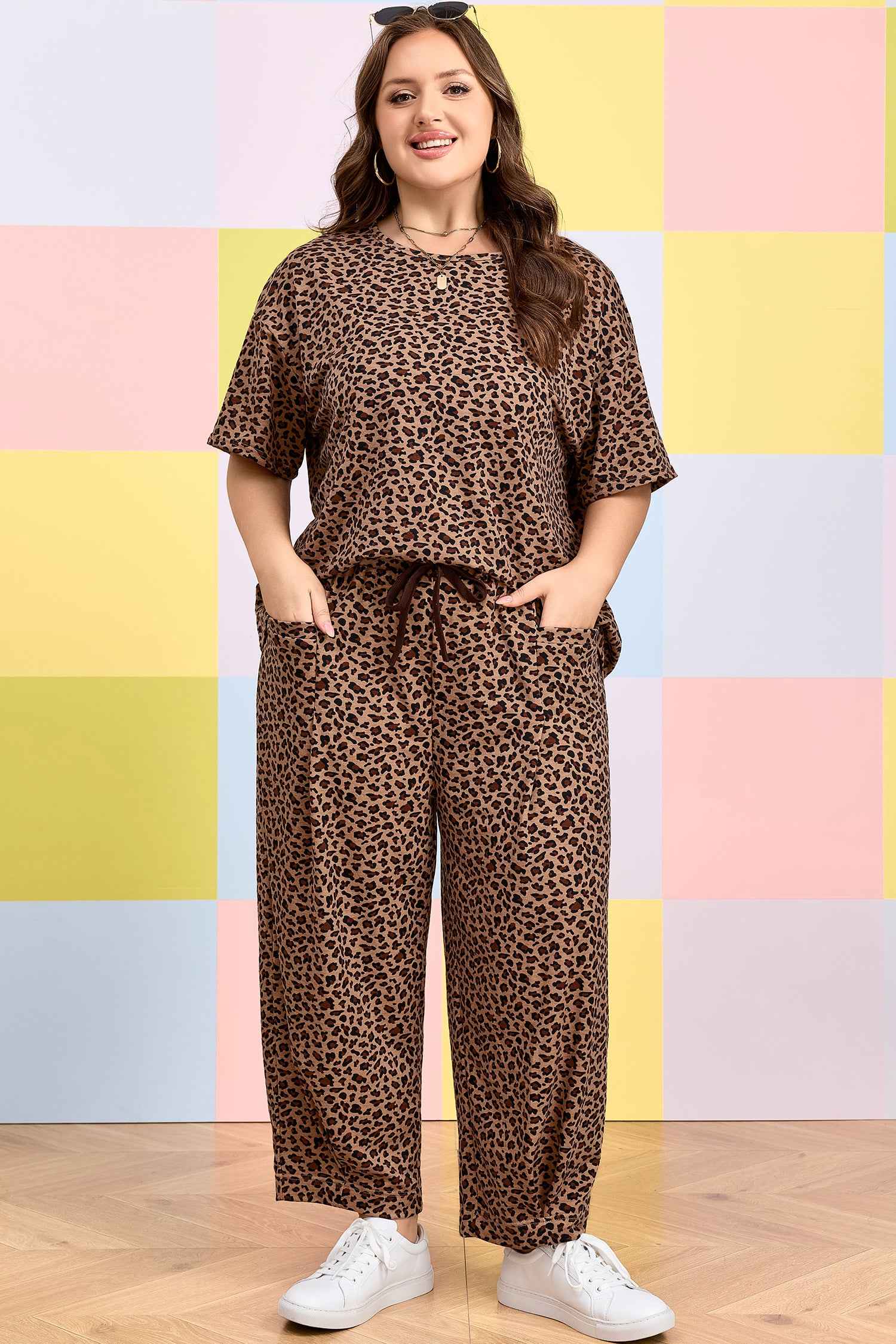Brown Plus Size Leopard Loose Top Pleated Pants Set