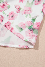 Pink Floral Split Neck Short Sleeve Loose Plus Size Mini Dress
