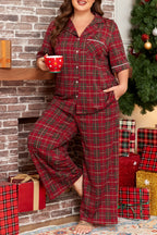 Red Plus Size Plaid Short Sleeve Shirt Loose Pants 2pcs Pajama Set
