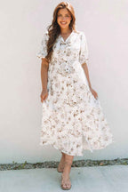 Khaki Floral Puff Sleeve V Neck Buttoned Front Maxi Dress