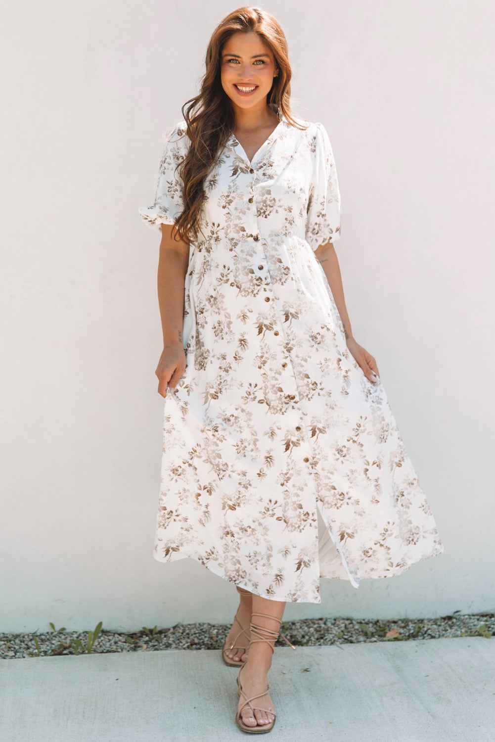 Khaki Floral Puff Sleeve V Neck Buttoned Front Maxi Dress