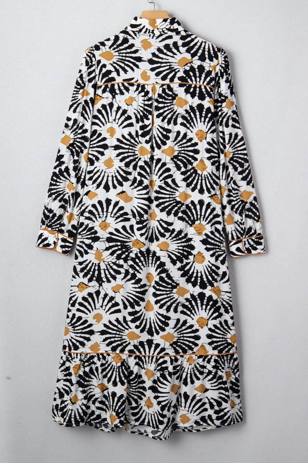 Black Abstract Floral Print Split V Neck Long Dress with Sleeves