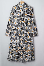 Black Abstract Floral Print Split V Neck Long Dress with Sleeves