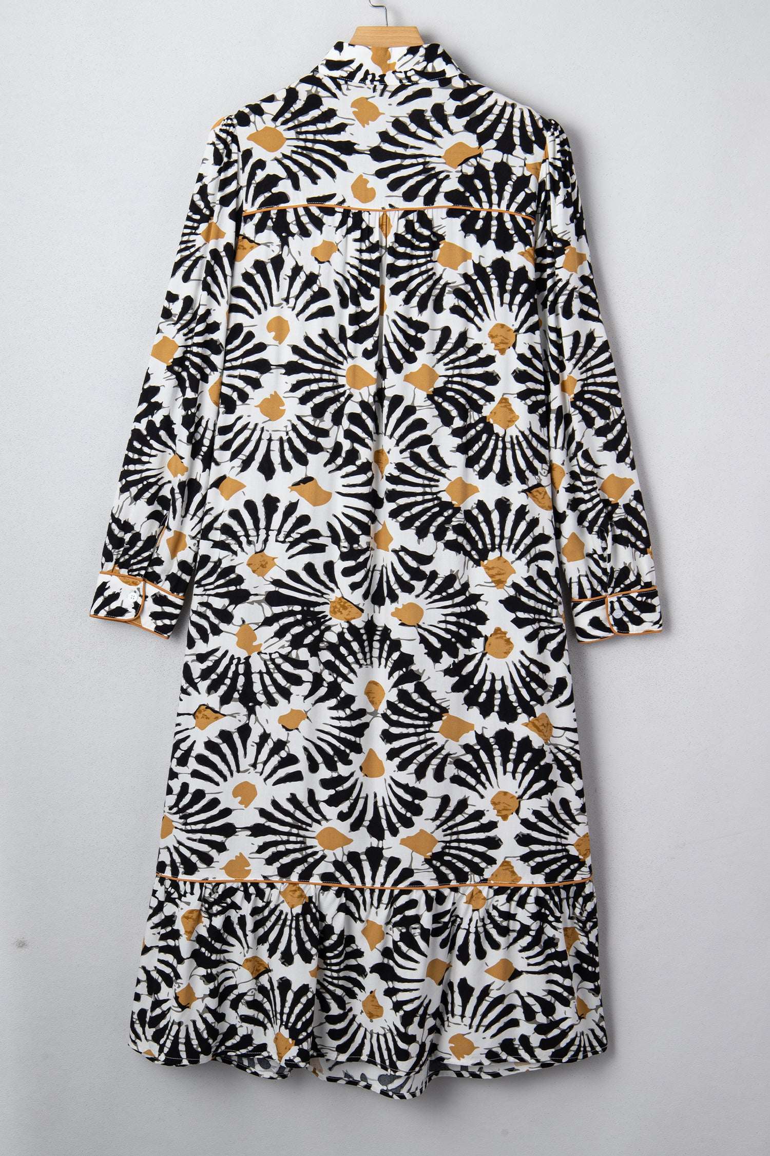 Black Abstract Floral Print Split V Neck Long Dress with Sleeves