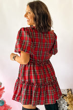 Red Plaid Knot Neck Short Sleeve Mini Shift Dress