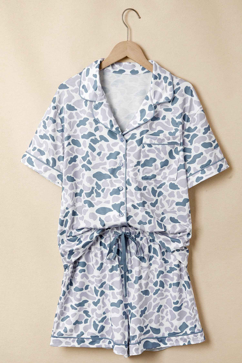 Beige Camouflage Print Lapel Shirt Drawstring 2pcs Short Pajama Set