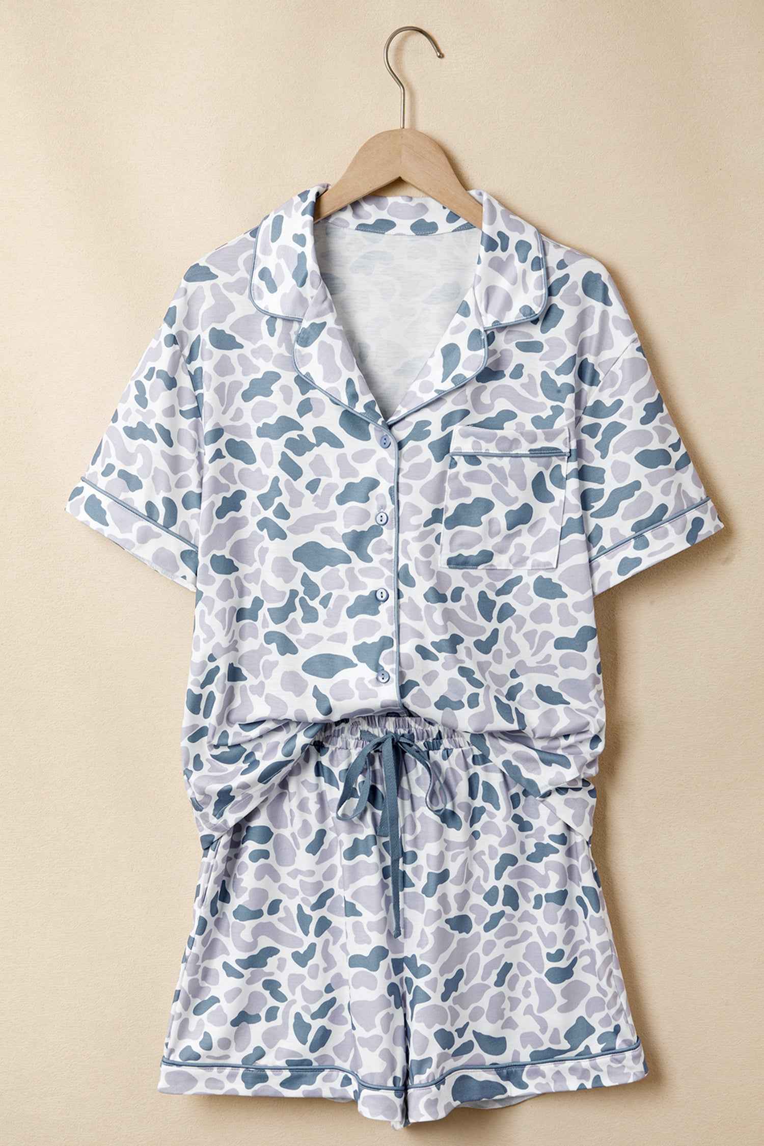 Beige Camouflage Print Lapel Shirt Drawstring 2pcs Short Pajama Set