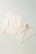 Beige Checkered Print Long Sleeve Top and Pants Lounge Set