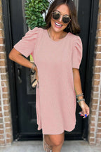 Mint Green Corded Knit Crew Neck Puff Sleeve Shift Mini Dress