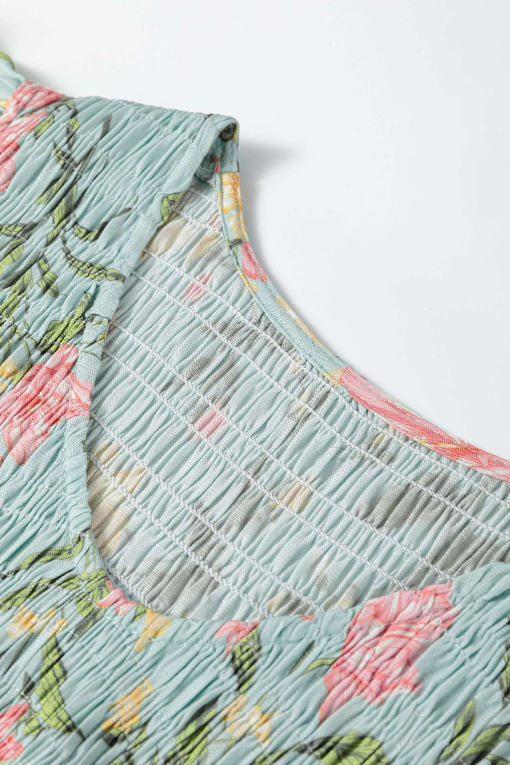Yellow Smocked Bodice Ruffled Sleeveless Tiered Floral Maxi Dress