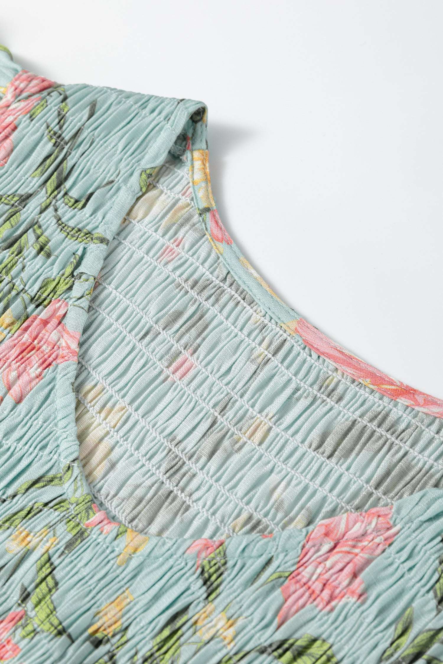 Yellow Smocked Bodice Ruffled Sleeveless Tiered Floral Maxi Dress