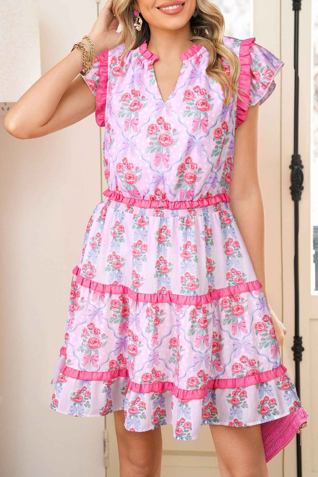 Purple Tiered Ruffles Sleeveless Summer Floral Dress
