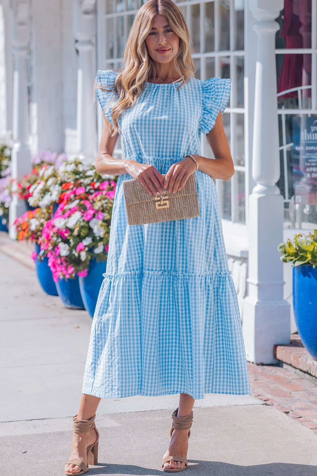 Sky Blue Knot Back Ruffled Short Sleeve Gingham Maxi Dress